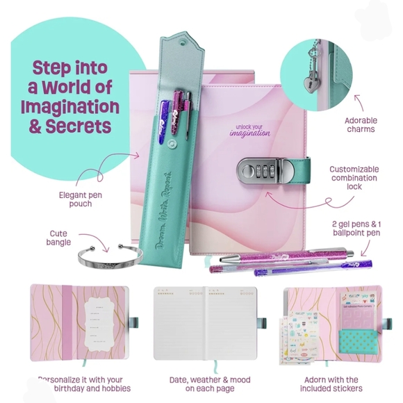 Secret Diary Set with Lock for Girls - Kids Locking Journal for Teens, Tweens - Picture 3 of 14